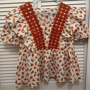 NWOT Easel Floral Orange Ruffle Peplum Top Size S/M